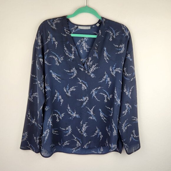Vince Navy Blue Sprig Floral Print V-Neck Popover Blouse sz M - Picture 1 of 10
